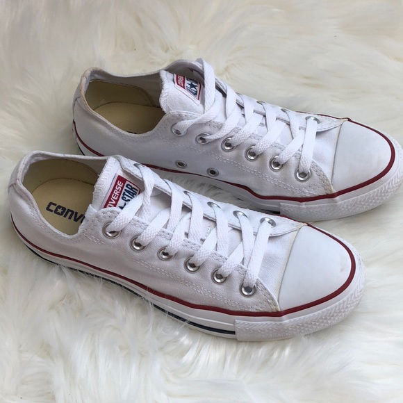 white converse with red and blue stripe